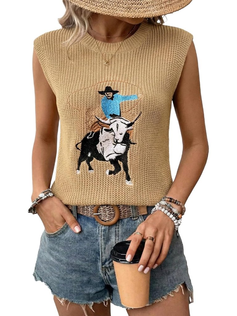 Women's Western Sweater Vest Crewneck Sleeveless Tops Cowgirl Casual Embroidered